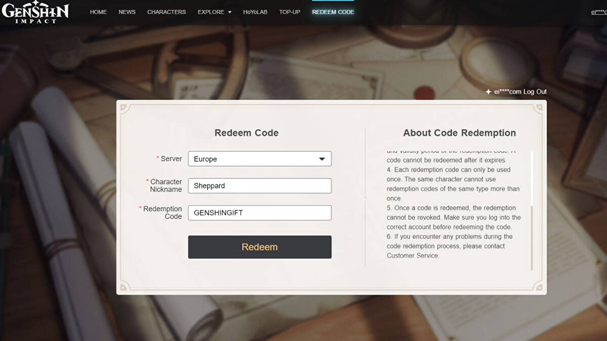 Genshin Impact website redeem code page